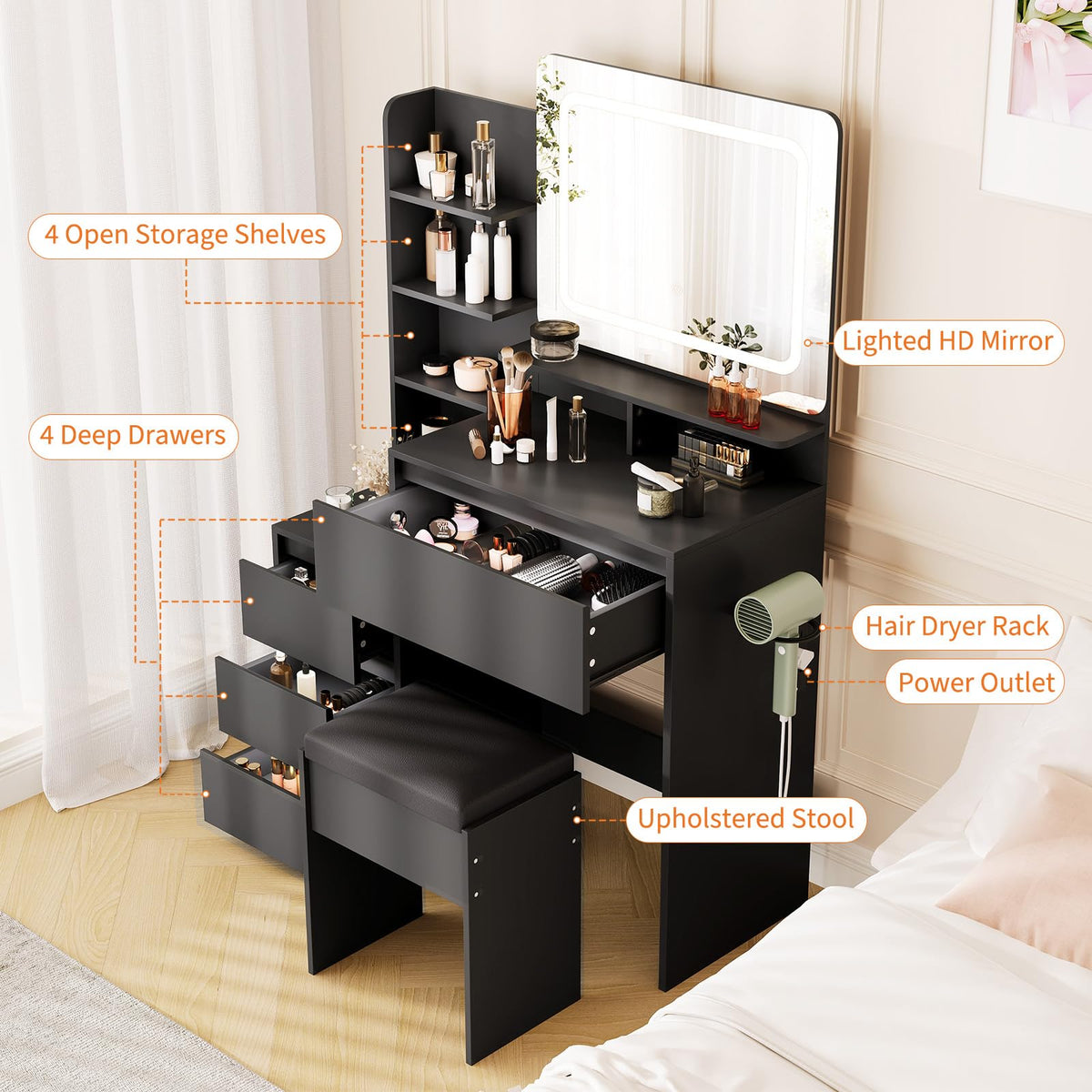 Vanity Desk with Mirror and Lights - 36" Vanity Table Set with 4 Drawers, Power Outlet, USB Ports, Stool, Dressing Table with 3 Lighting Color Adjustable for Bedroom, Women,