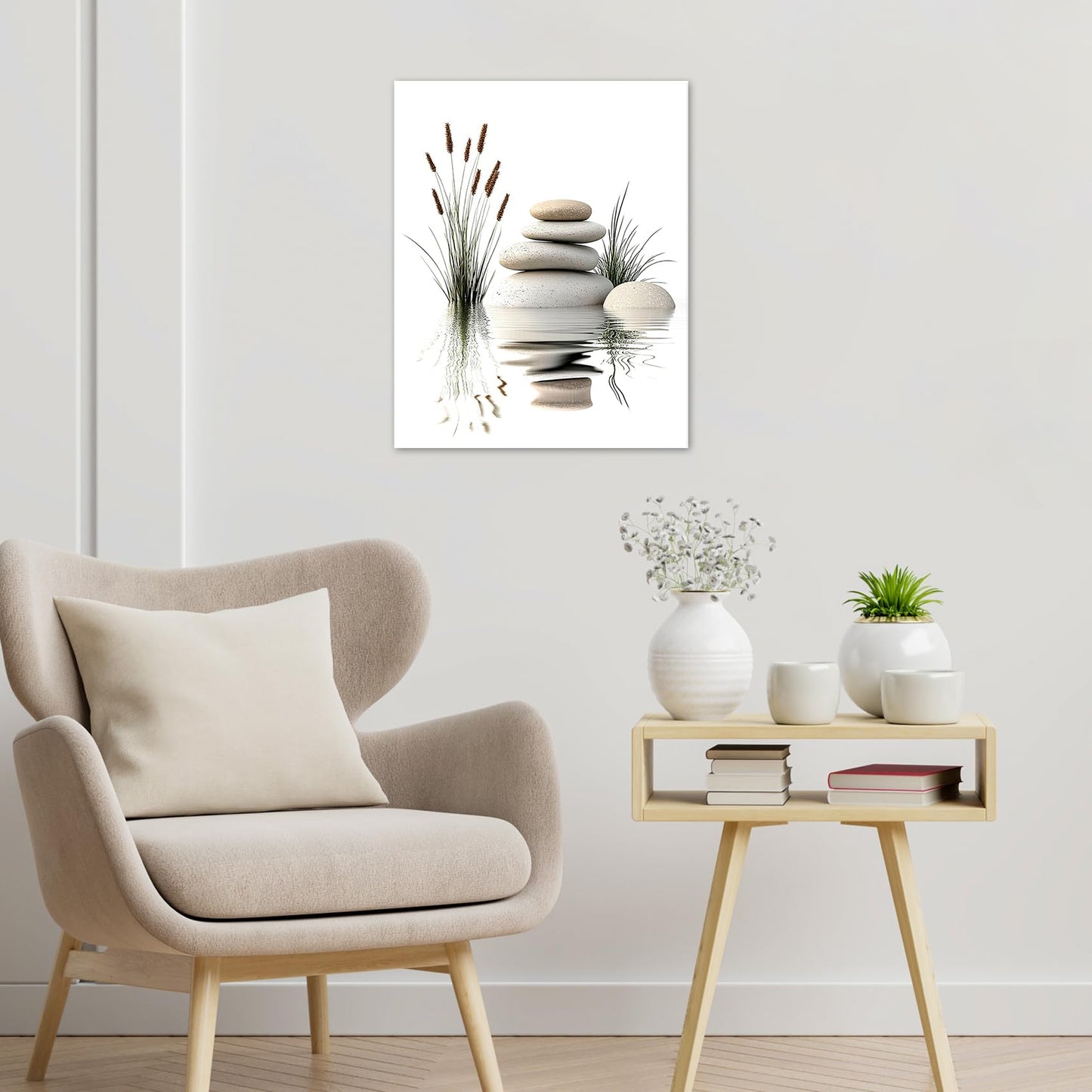 EOBTAIN Zen Wall Art for Bathroom Zen Stone with Green Wild Grass in Water Nature Canvas Wall Art for Bedroom Living Room Spiritual Relaxing Canvas Paintings Spa Yoga Office Wall Decor,12x16 Inch