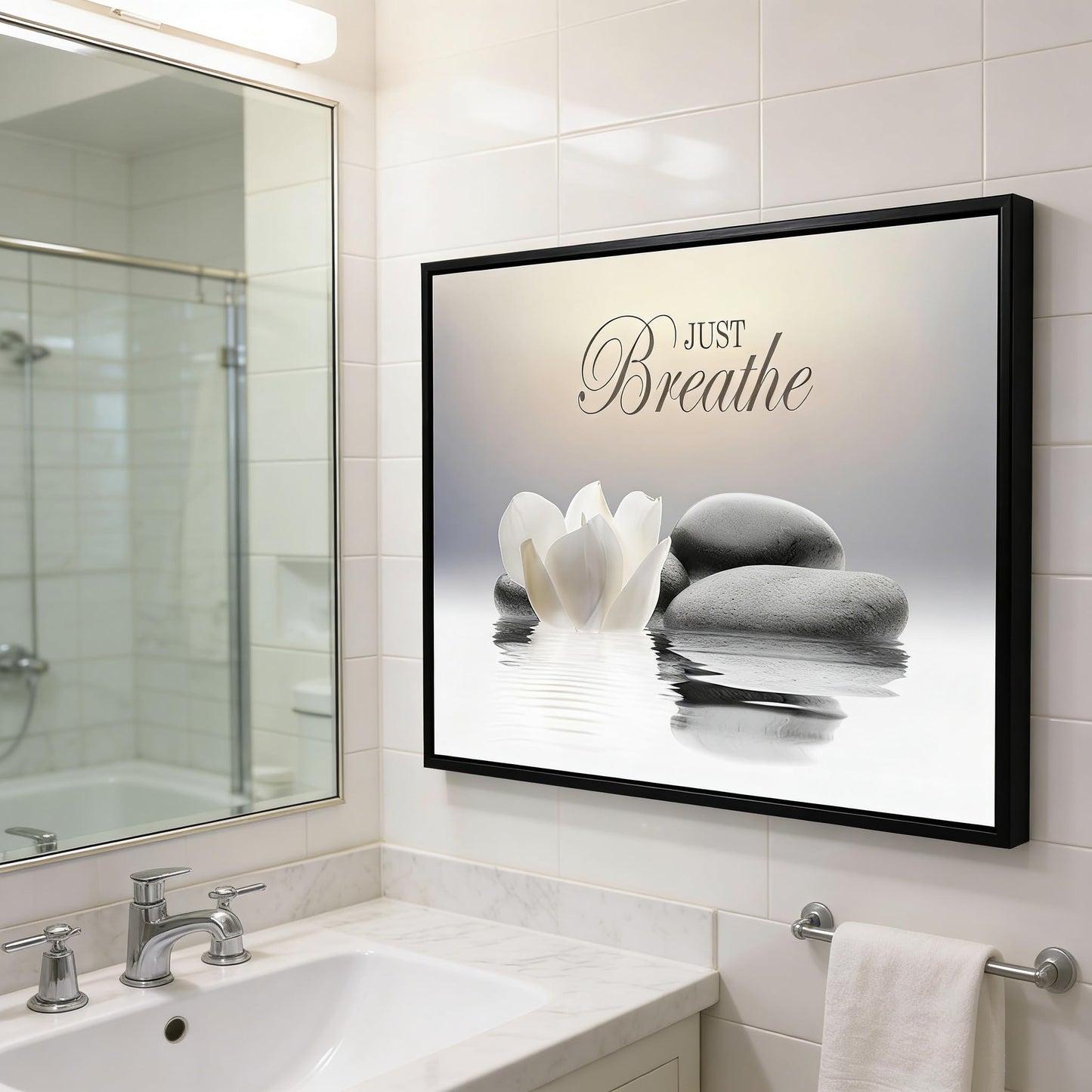 MKCIPJWC Black Framed Zen Stone Wall Art Just Breathe Yoga Quotes Wall Decor White Lotus Flower Canvas Print for Spa Bathroom 12x16 Inch