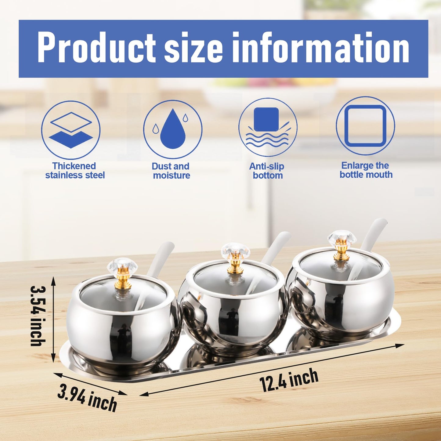 KEJJRIUTN 304 Stainless Steel Seasoning Containers Set, Condiment Jar Spice Container with Lid Spoon and Tray, Sugar Storage Organizers with 3 Serving Spoons
