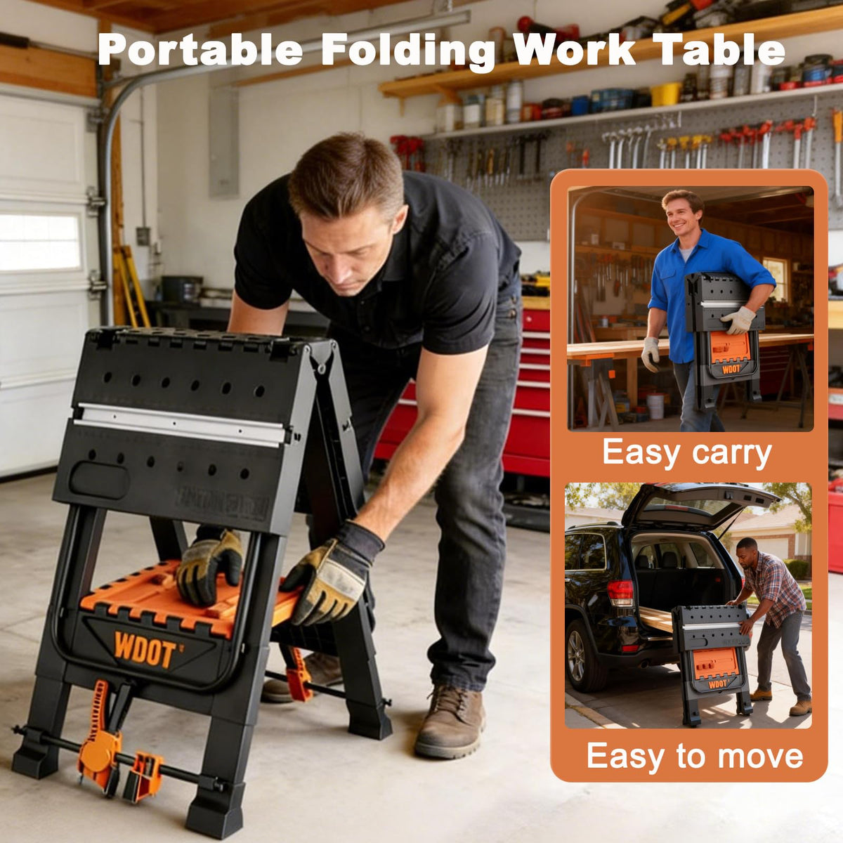 WDOT Work Bench Table 2 in 1 Portable Folding Workbench for Garage Sawhorse 500lbs Mobile Work Table 31" W x 25" D x 32" H with 2 Clamps & 6 Bench Dogs
