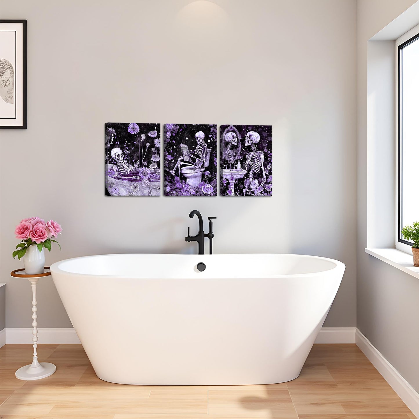 FuShvre Skeleton Bathroom Decor Moody Skeleton Wall Art Pictures for Bathroom Gothic Painting for Home Decoration Framed 12x16 inch each piece (Purple)