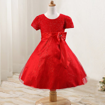 Toddler Girls Christmas Party Dress Bow Elegant Brilliant Tulle Lace Bridesmaid Wedding Dress L006_Red-3