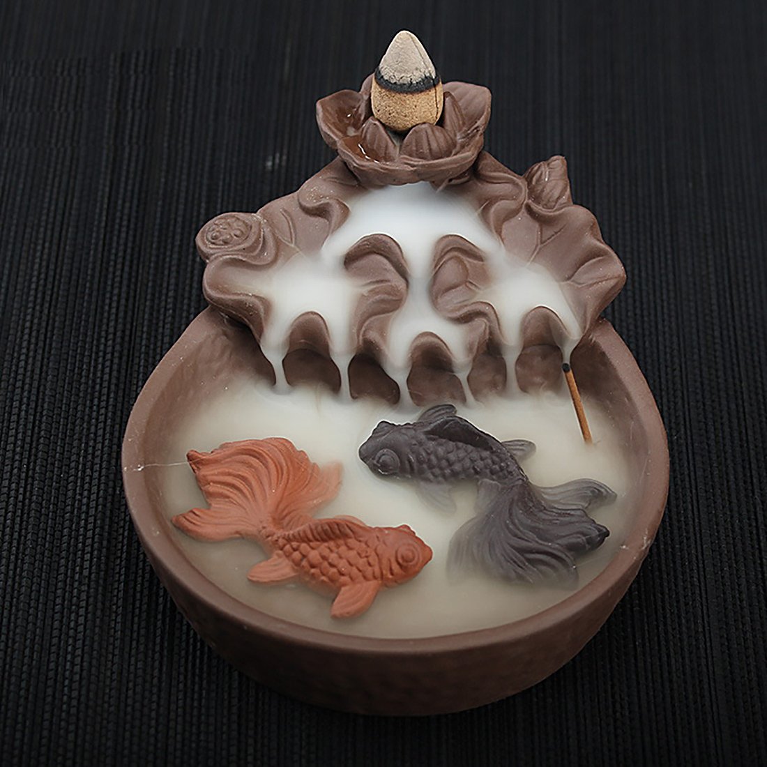 NewEGG Two Fishes Ceramic Purple Clay Smoke Backflow Incense Cone Sticks Burner Holder