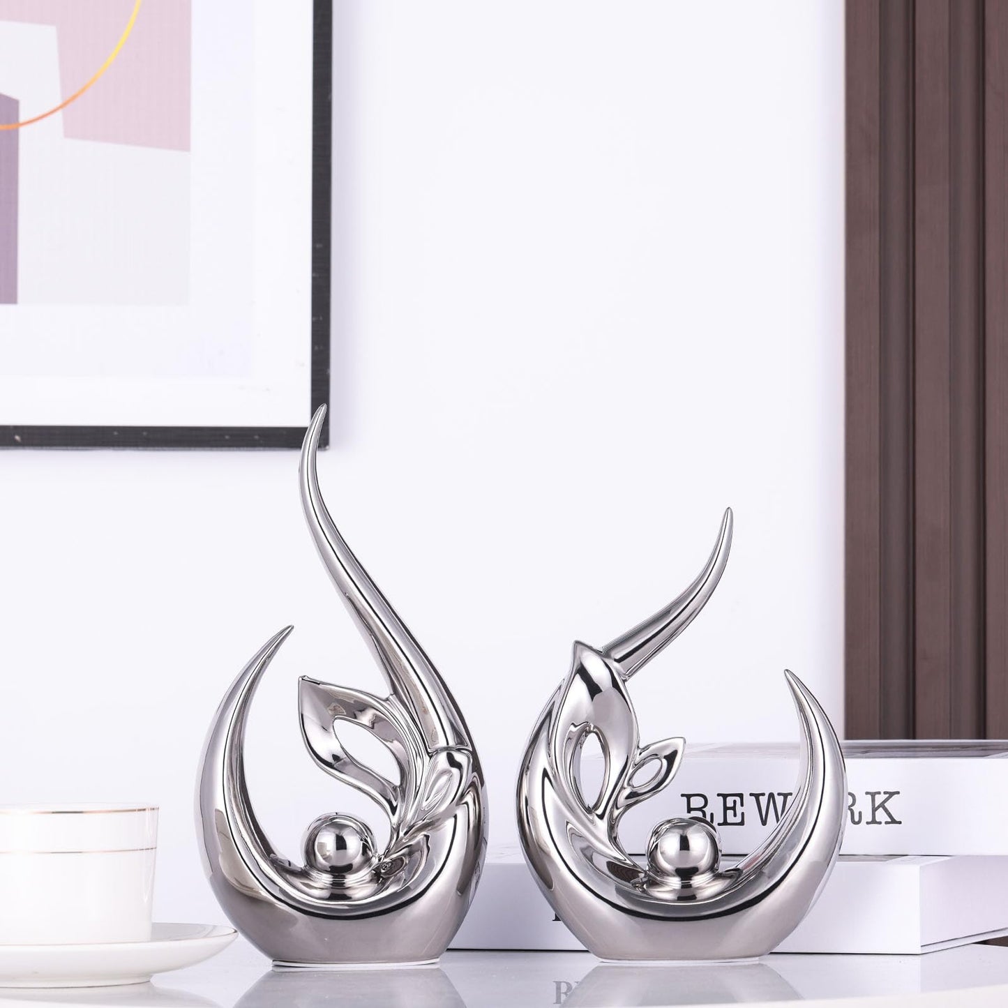 XMGZQ Silver Ceramic Statues for Home Décor Accents,Abstract Art Mid Century Modern Decor,Elegantes Centerpiece Table Decorations,Chrome Sculpture for Entryway,Shelf,Tv Stand,Mantel,Coffee Table