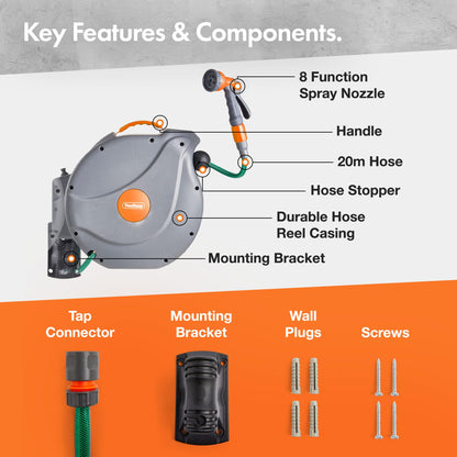 VonHaus Hose Reel 20m – Wall Mounted Hose Reel for Garden, Retractable, Auto Lock and Auto Rewind, Includes Wall Fixings and 8 Function Spray Gun, 180° Pivot Swivelling, Long Reach, Outdoor Watering