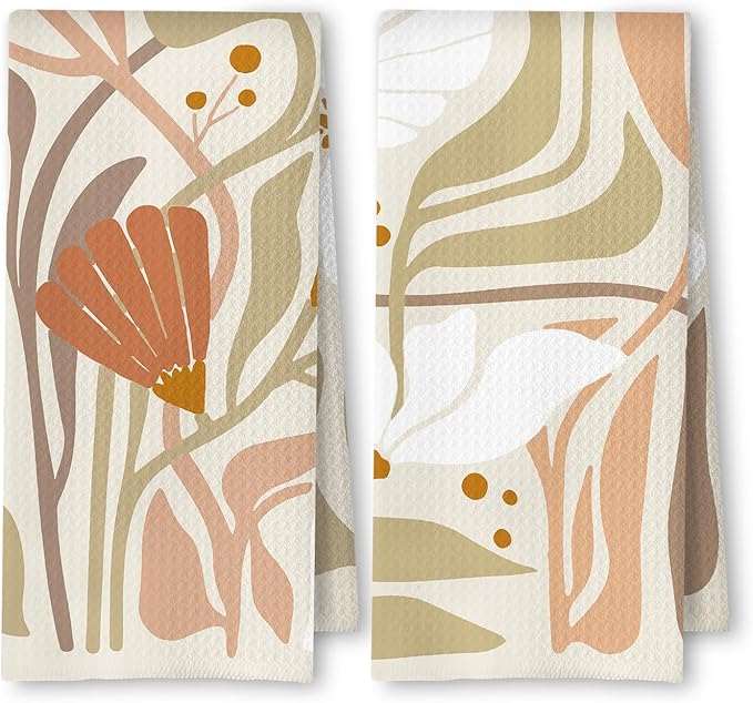 Abstract Boho Beige and White Floral Kitchen Towels Set of 2, 70s Retro Groovy