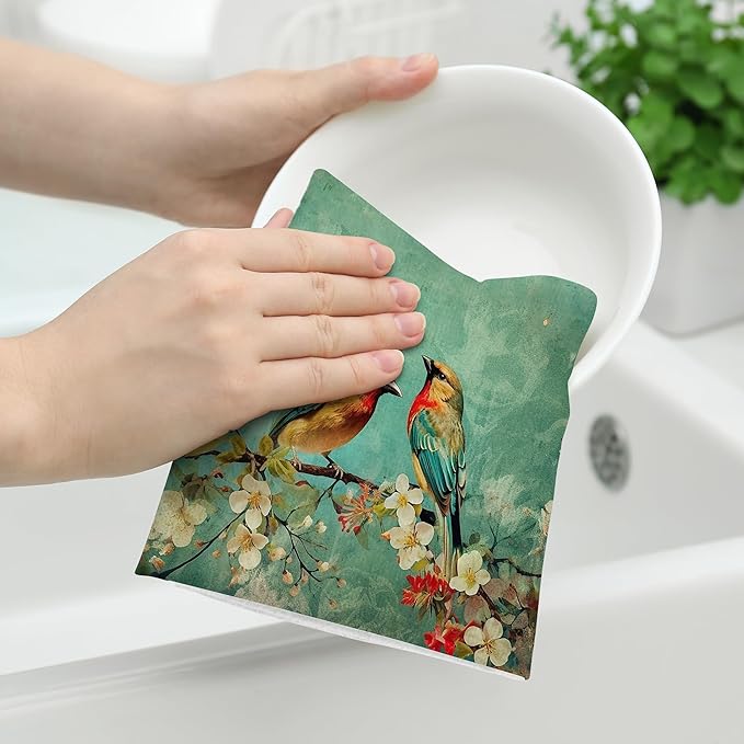 Cute Birds Kitchen Towels Decorative Set of 2, Absorbent Dish Towels Green Tea