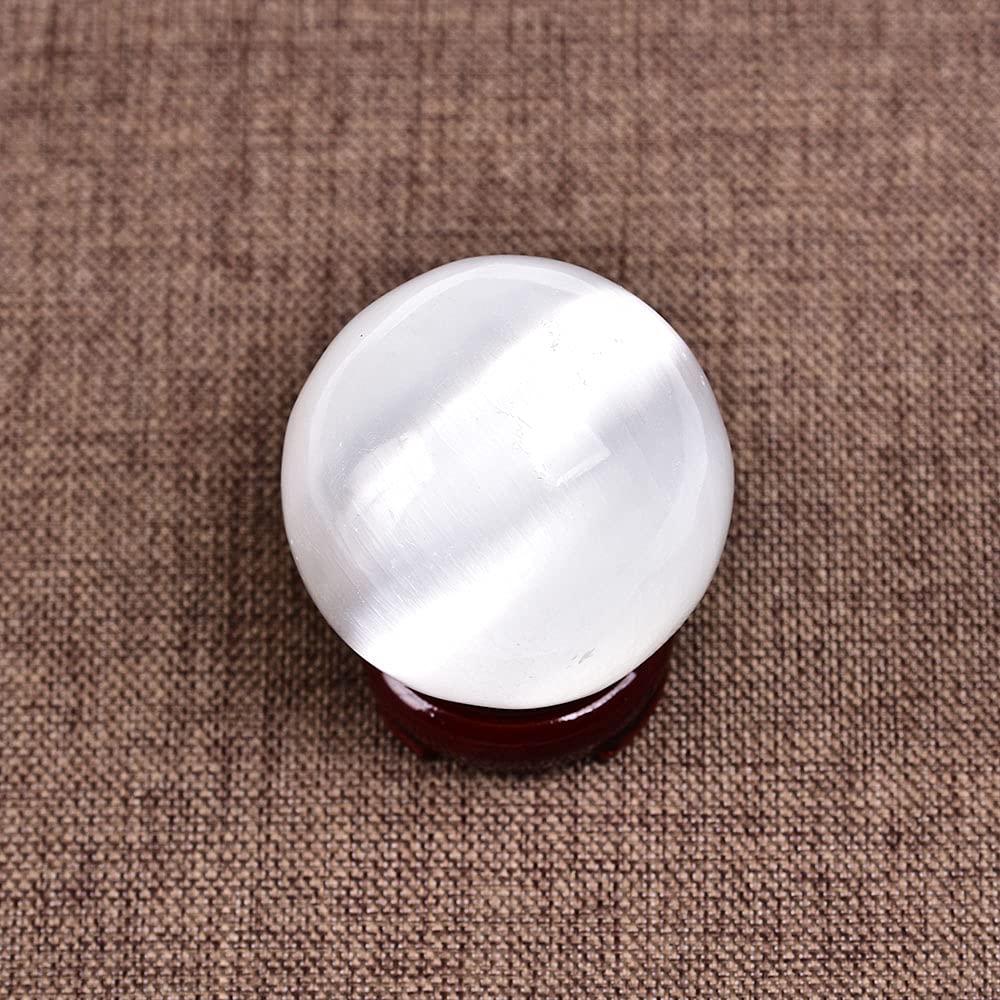 JIC Gem Selenite Crystal Ball with Wooden Stand Healing Crystal Sphere for Meditation, Home Decoration 2-2.3 Inch(50-60mm)