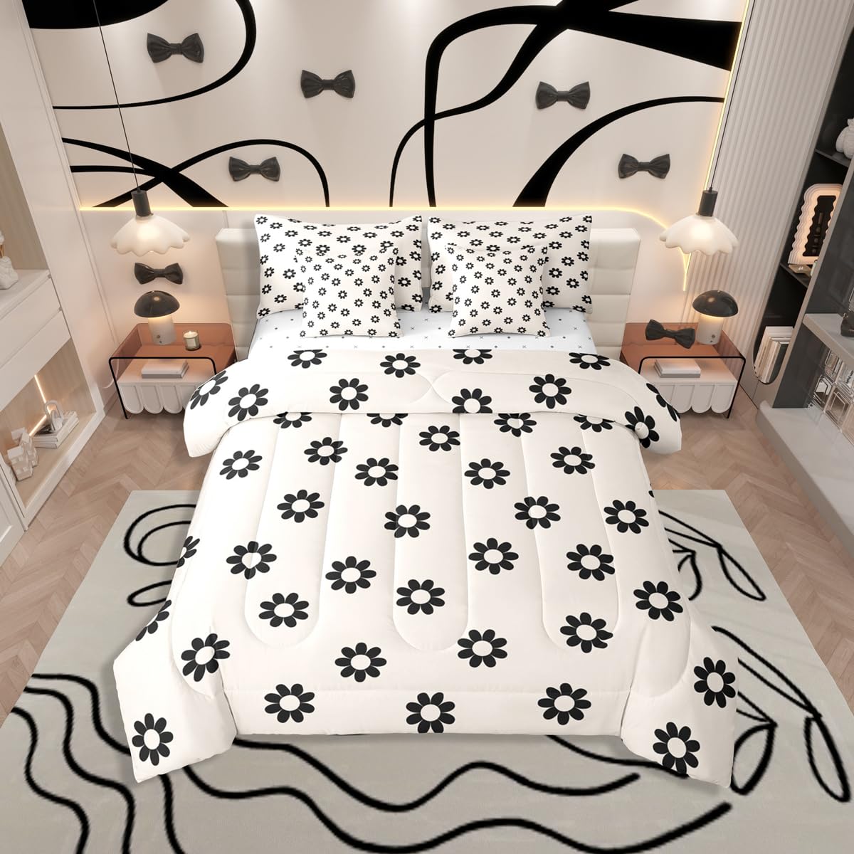 Erosebridal Black and White Floral 7 Pcs Bedding Set for Teen Girls Kawaii Daisy Comforter Set with Sheets Twin Size for Girls Kids Young Women Bedroom Beige Boho Bed in A Bag All Season Bed Sets