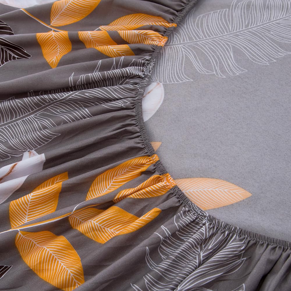 NATURETY Bedding Fitted Sheet with Deep Pocket,Grey Leafs Printed Thicken Fabric Bed Sheets (Light Gray, Queen)