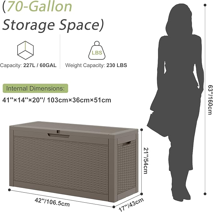 Outdoor Storage Box, Resin Deck Boxes Indoor and outdoor, Waterproof Storage Box Lockable Lid (Grey,70 Gallon)