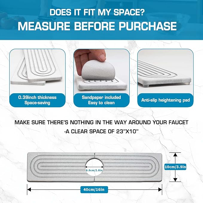 Faucet Mat for Kitchen Sink, Diatomite Quick Drying Tray, Long 23.6'' Kitchen