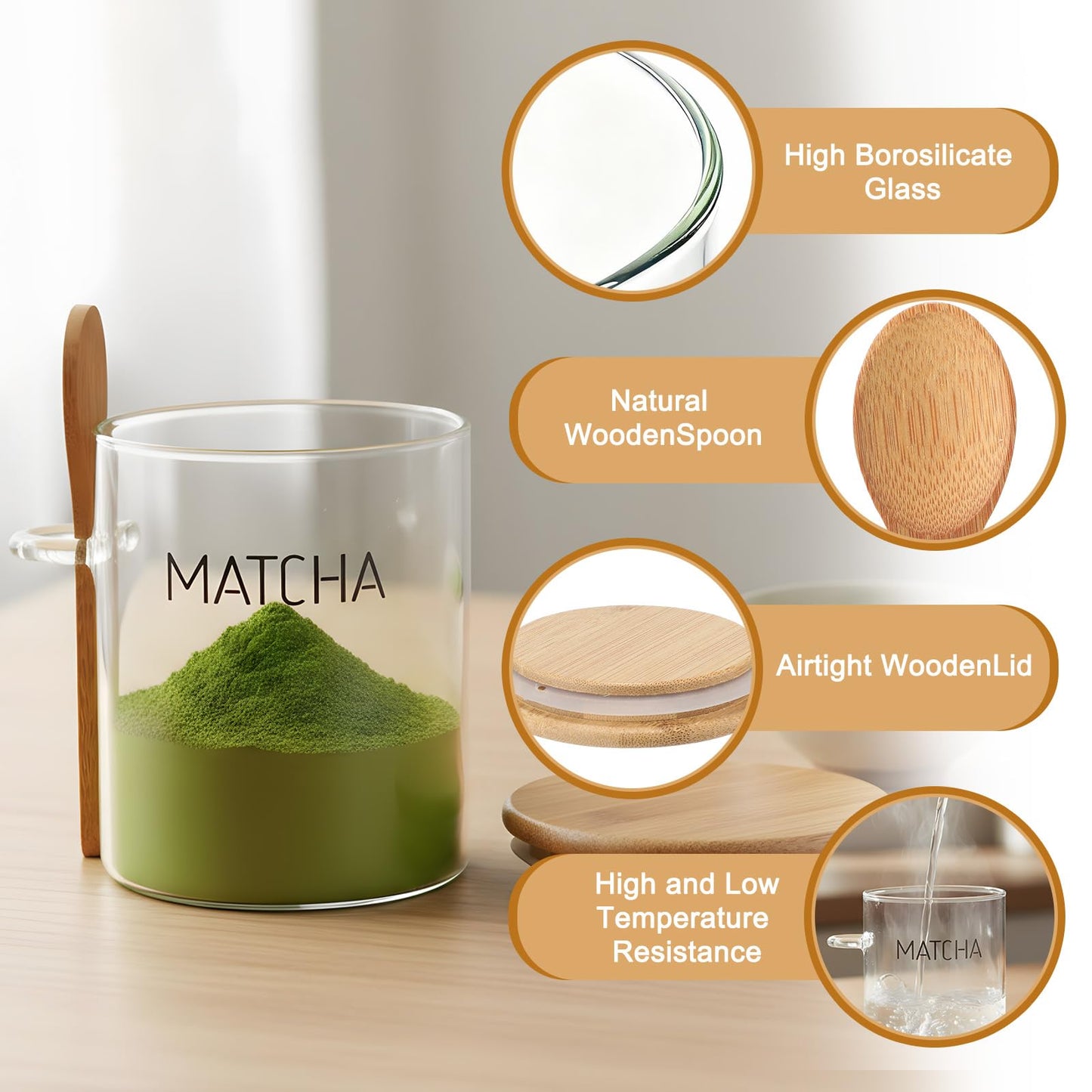 Suclain 17 oz Matcha Glass Container with Airtight Lid Matcha Powder Storage Canister with Wooden Spoon Clear Food Jar for Sugar Coffee Beans Bath Salt Storage Overnight Oats