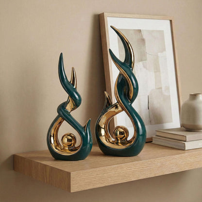 LCCCK Green and Gold Abstract Ceramic Sculpture Set of 2 Modern Electroplated Figurines Decorative Statues for Living Room Shelf Mantel Tabletop Home Decor Housewarming Gift