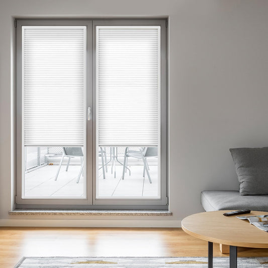 YESCENT Add On Cellular Blinds Customized Size Light Filtering Thermal Insulation Fabric Recessed Cellular Shades for French Door Raised Frame Doors Inward-Opening Windows-White