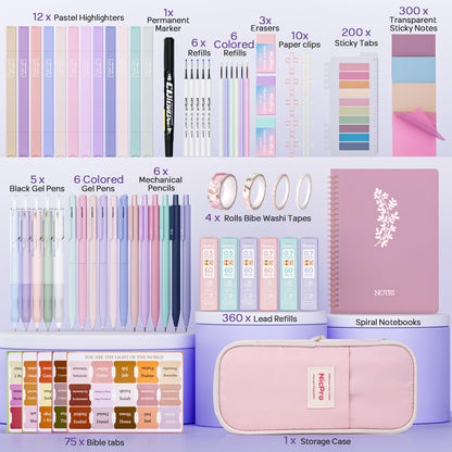 Nicpro Bible Journaling Kit, 76PCS Bible Study Supplies with Pen Case, Notes & Tabs, No Bleed Highlighter Pens, Bible Journal Accessories, Cute Spiral Notebook Stationary Set for Women Christian Gifts