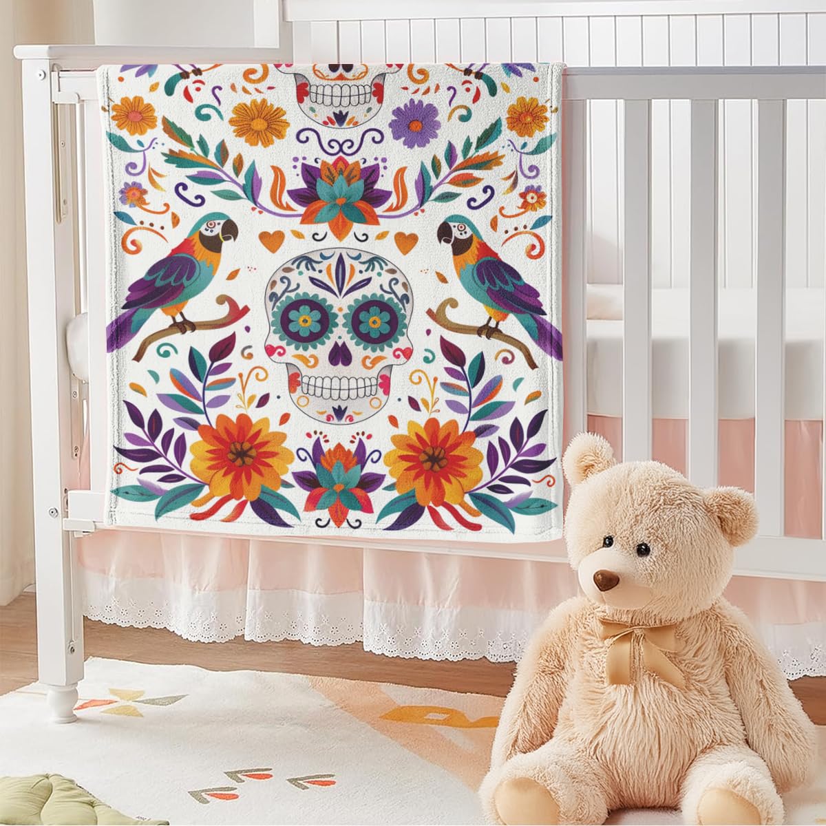 YWZDS Sugar Skull Fleece Blanket, Day of The Dead Design with Parrots and Flowers, Colorful Mexican Folk Art Theme, Halloween Blankets Fuzzy Gifts for Sofa Couch Bedroom (30 x 40 inch)