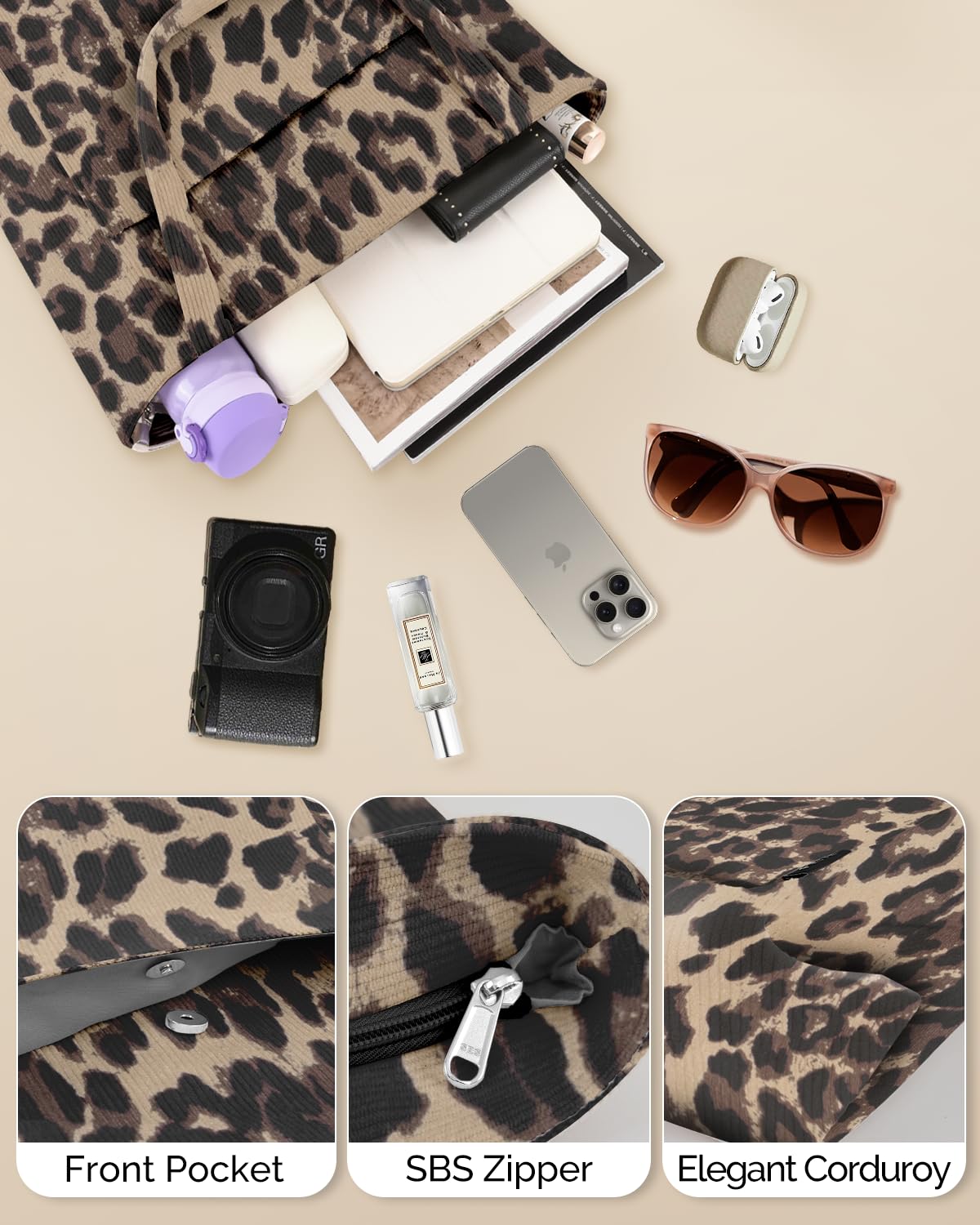 Prite Corduroy Tote Bag for Women Large Shoulder Bag with Zipper and Pockets for College School Work Travel Shopping (Leopard Print)