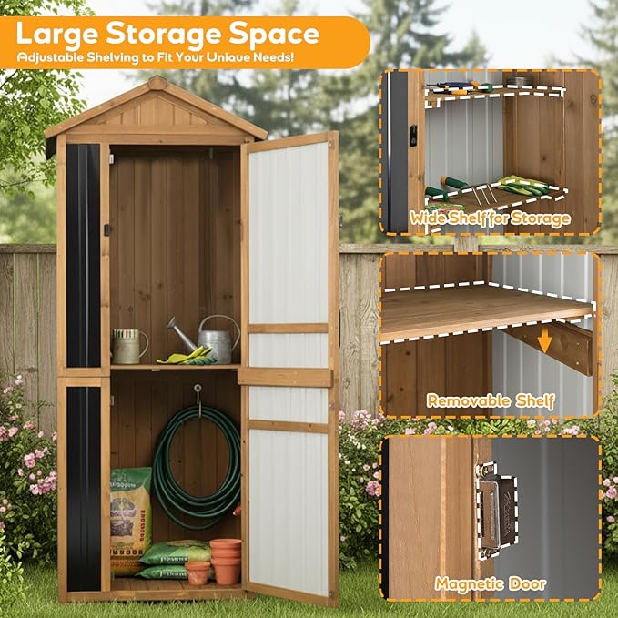Outdoor Storage Cabinet, Wood & Metal Garden Shed with Waterproof Asphalt Roof, Patio Organizer with 3 Fixed Shelves & Removable Shelf for Long Tools, Lockable Magnetic Doors for Backyard Garage Pool