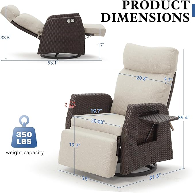 Adjustable Outdoor Recliner Chair with Independent Backrest & Footrest, Patio Swivel Recliner Chair, Wicker Reclining Patio Chair w/Flip-Up Table, 155° Lay Flat Chaise Lounge, Beige, 2PCS
