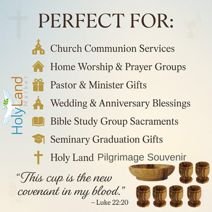 Holy Land Market Olive Wood Communion Cups & Plate Set KIddush - Communion Set Hand-Carved in Bethlehem – for Church Worship, Pastors & Ministries (Round Bowl + 6 Small Goblets)