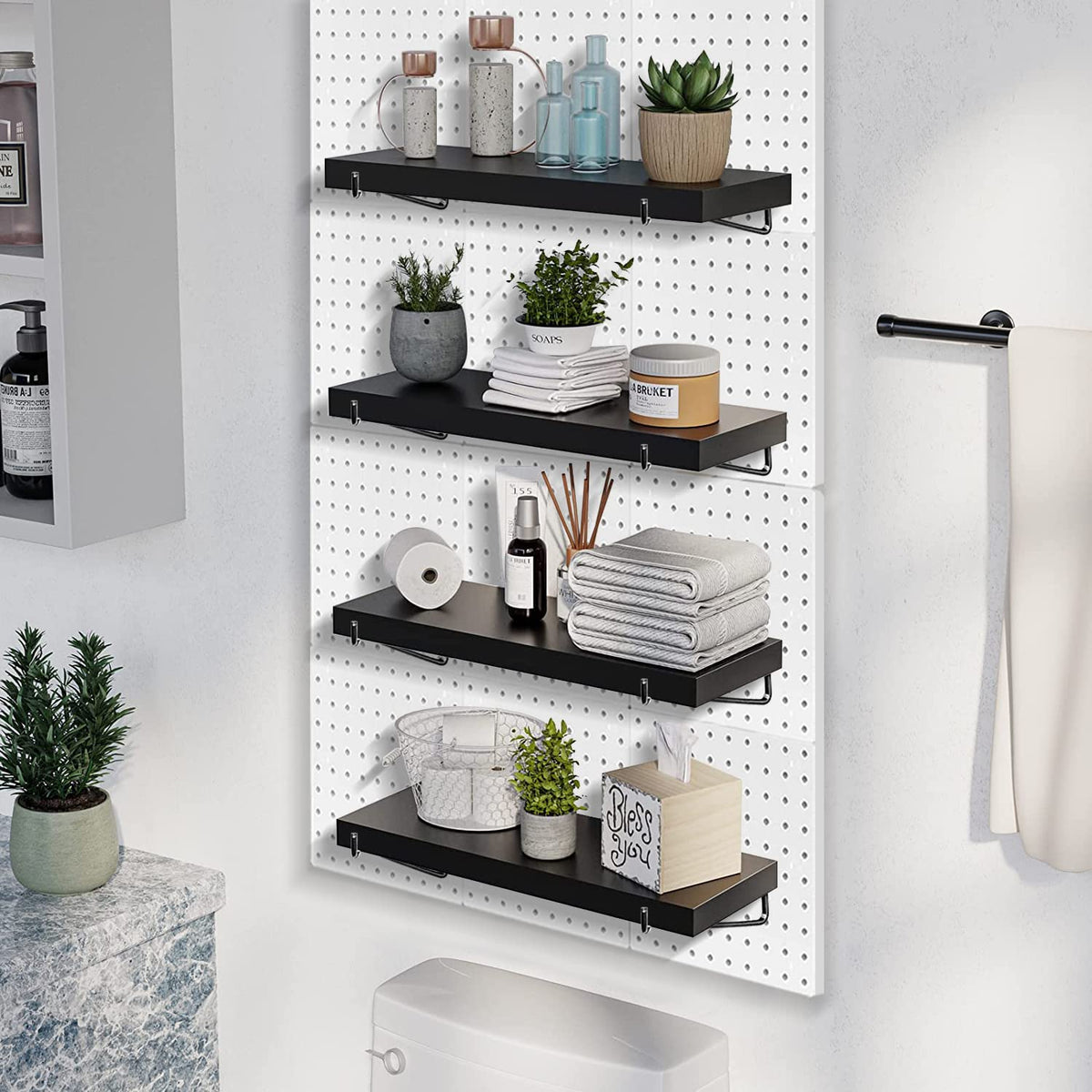 HJW Pegboard Shelf Black, 4 Pack Wooden Pegboard Shelves with Metal Pegboard Shelf Brackets Pegboard Hooks, for Craft Room, Home, Kitchen, Garage