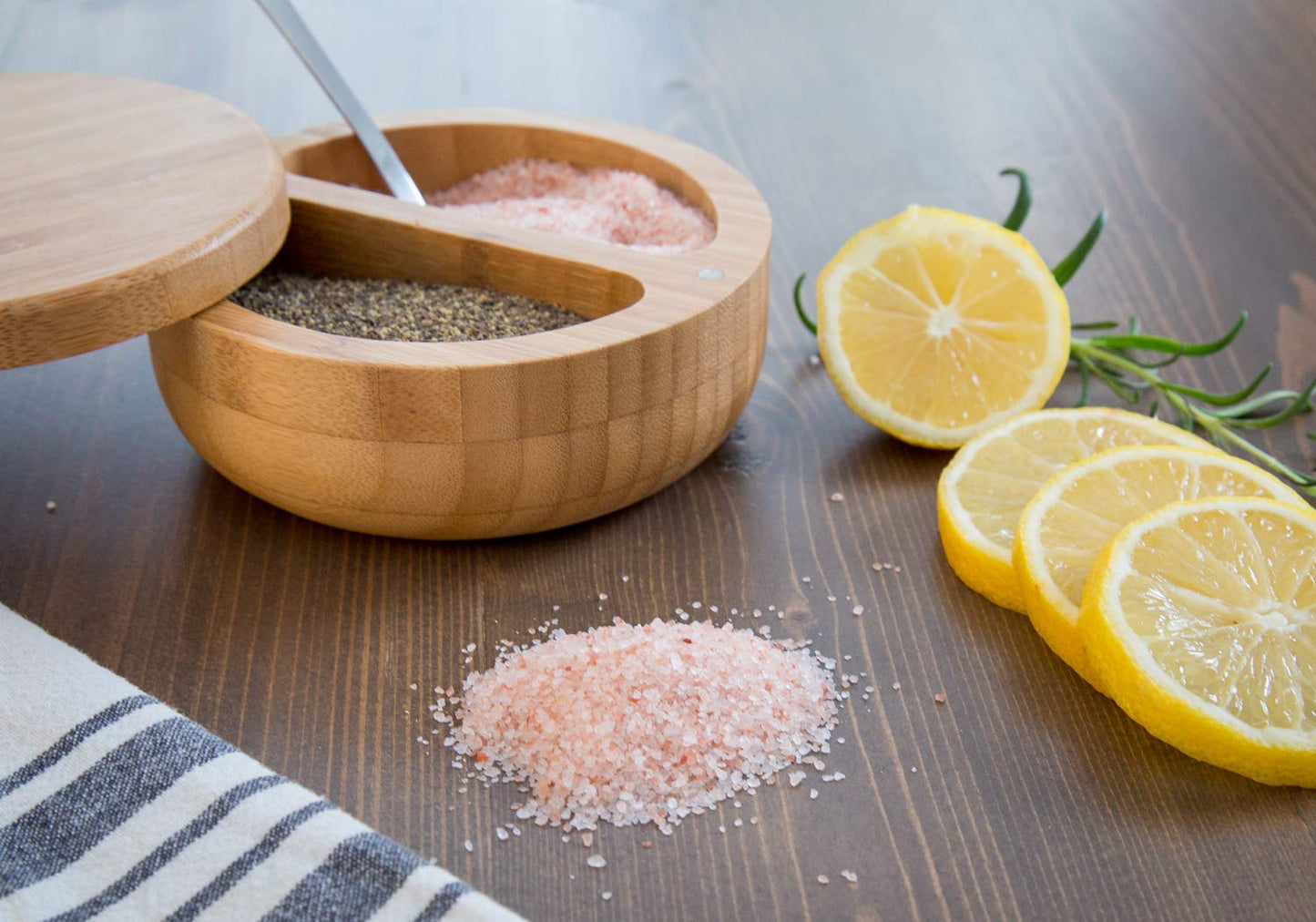 Relative Foods Salt Cellar -Bamboo Salt and Pepper Bowl with Magnetic swivel lid - Salt Container with Himalayan Pink Salt and Pepper Included - Perfect Salt Storage for countertop