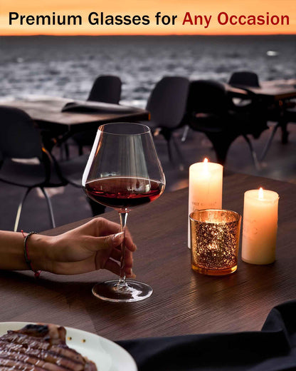JBHO Hand Blown Italian Style Crystal Burgundy Wine Glasses - Lead-Free Premium Crystal Clear Glass - Set of 2-21 Ounce - Gift-Box for any Occasion