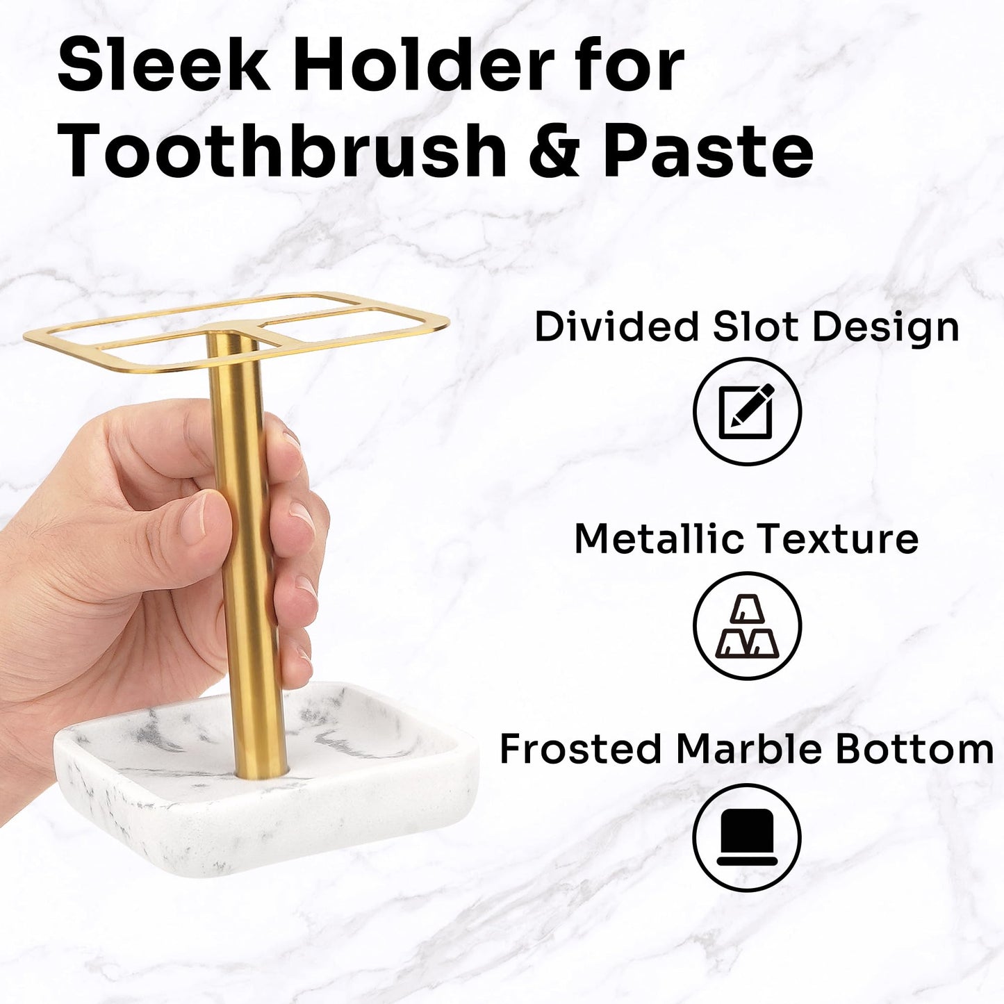DODAMOUR Stainless Steel Toothbrush Holder with Marble-Style Weighted Base, 3-Section Organizer for Electric Toothbrushes & Toothpaste, Bathroom Countertop Stand (Gold)