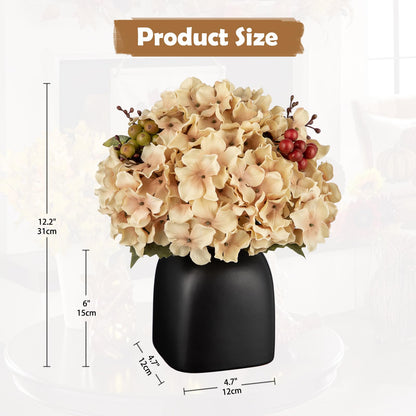 Briful Hydrangea Artificial Flowers in Ceramic Black Vase, Beige Silk Hydrangea Centerpieces for Tables, Realistic Dining Table Vase with Flowers for Farmhouse Home Decor Indoor