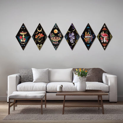 Sintuff 6 Pieces Gothic Wall Decor Boho Sun Moon Phases Wall Art Gothic Minimalist Stars Sun Hanging Wooden Home Decor Farmhouse Pediments for Gallery Living Bedroom Room(Mushroom)