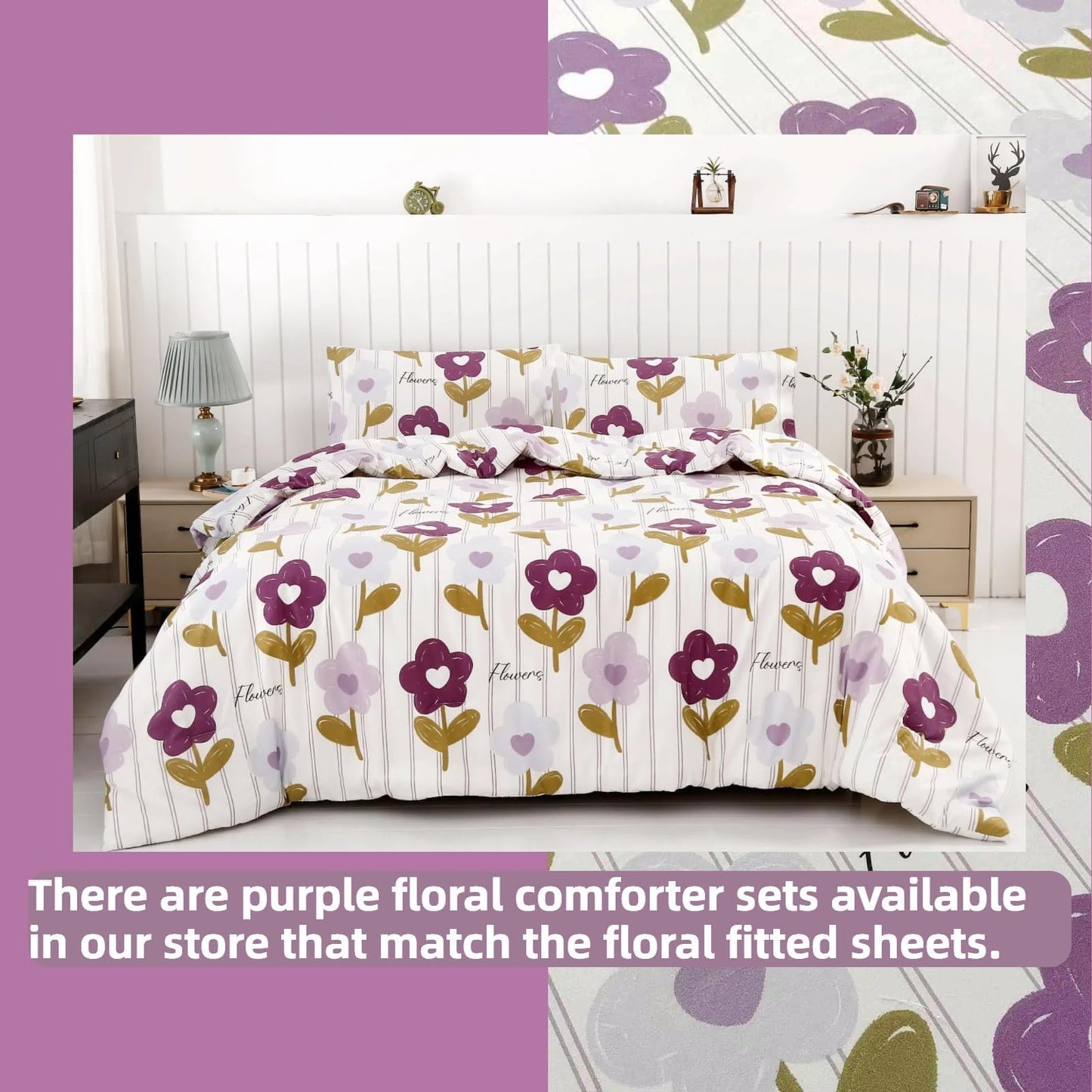 SDIII Purple Floral Fitted Sheet Full with 2 Pillowcases, Deep Pocket Soft Microfiber Purple Floral Bed Sheet Full Size All Season