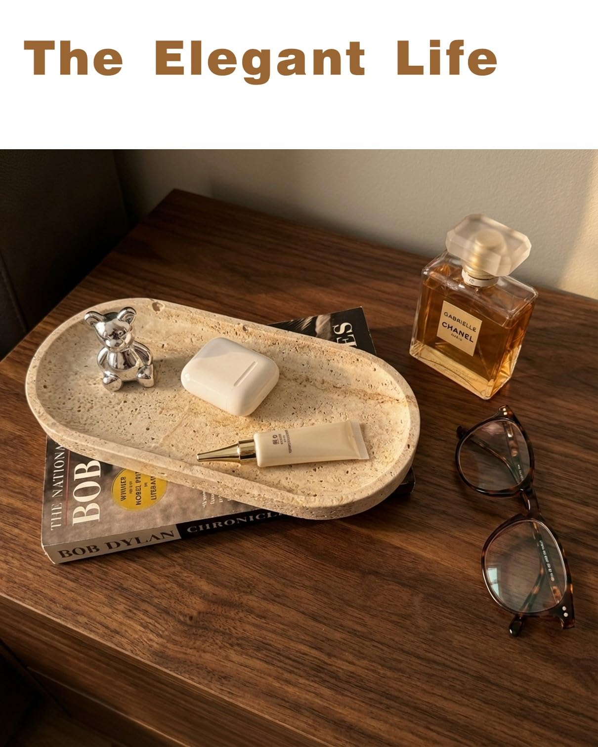 100% Natural Travertine Stone Tray for Perfume, Jewelry, Candle & Trinket Holder – Light Beige Stone Vanity Organizer for Bathroom, Coffee Table, or Living Room, 10"x5", Non-Resin/Ceramic