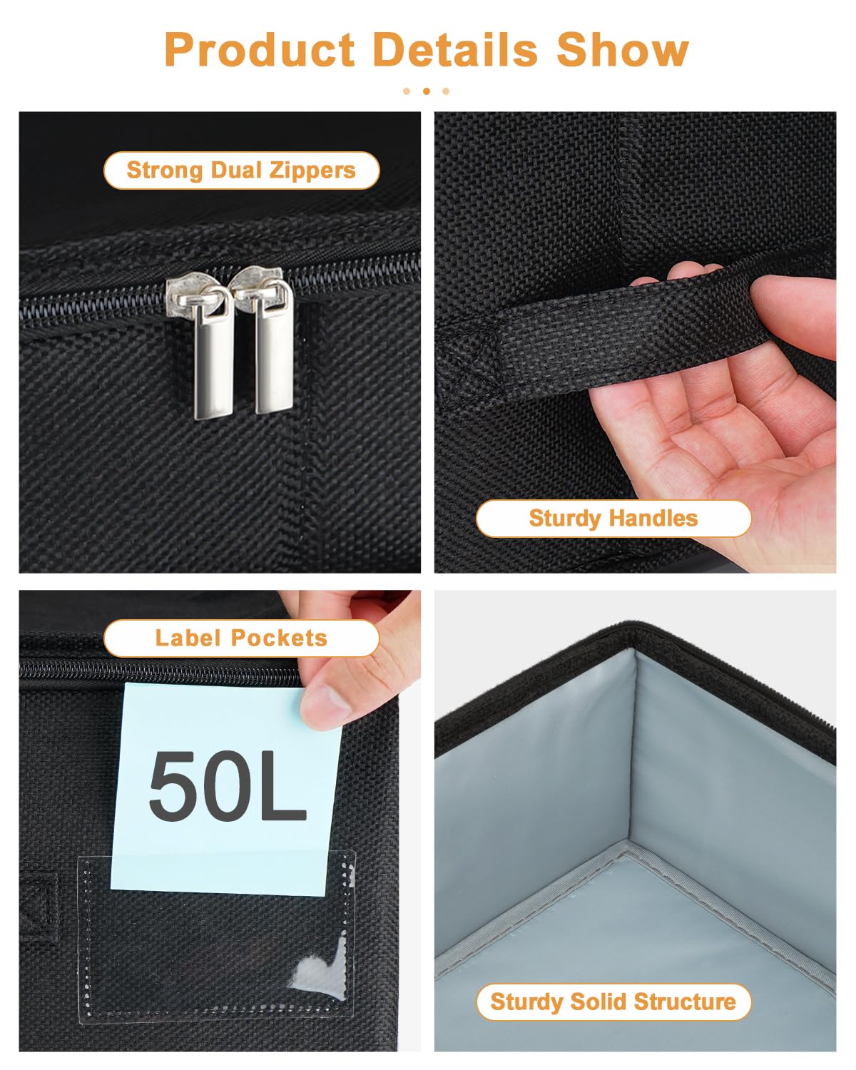 Under Bed Storage Container, 3 Pack Underbed Storage Bags With Lid, Foldable Sturdy Clothes Storage Organizer W/ 3 Handles, Ultra Thick Fabric Blanket Shoe Storage Box, 30x15x6.7inch, Black, 50L