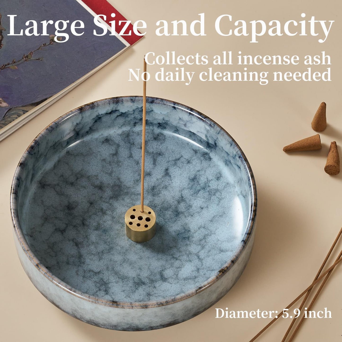 Fluvie 5.9" Ceramic Incense Holder with 10 Holes,5in1 Incense Tray for Sticks,Coil,Cone,Sage,Palo Santo,Handcrafted Burner Ash Catcher Smudge Bowl for Yoga Meditation Energy Cleansing Room Décor,Blue