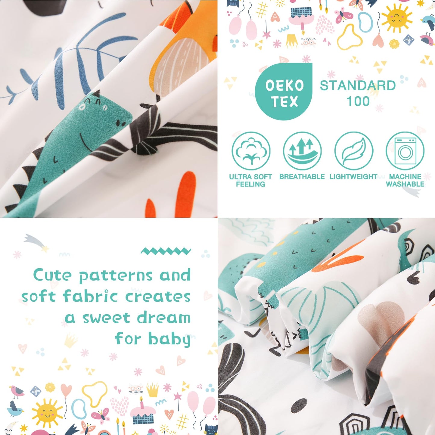 JSD Dinosaur Toddler Bedding Set, 4 Piece Bed-in-a-Bag Toddler Comforter Sheet Set, All Season Machine Washable