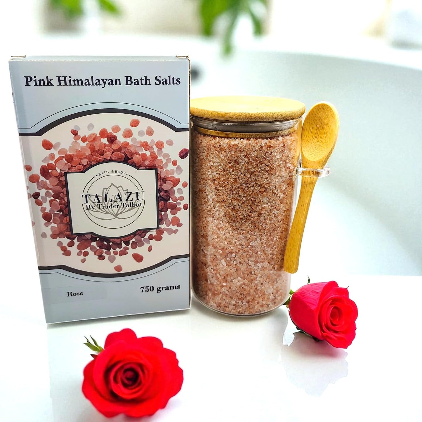Pink Himalayan Bath Salts with Rose Scent – 100% Natural Spa Soak in Reusable Glass Jar with Bamboo Lid & Spoon – Relaxing, Detoxifying & Skin-Hydrating Aromatherapy Bath Crystals (26 oz)