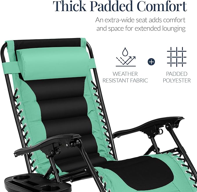 Best Choice Products Oversized Padded Zero Gravity Chair, Folding Outdoor Patio Recliner, XL Anti Gravity Lounger for Backyard w/Headrest, Cup Holder, Side Tray, Polyester Mesh - Green/Black