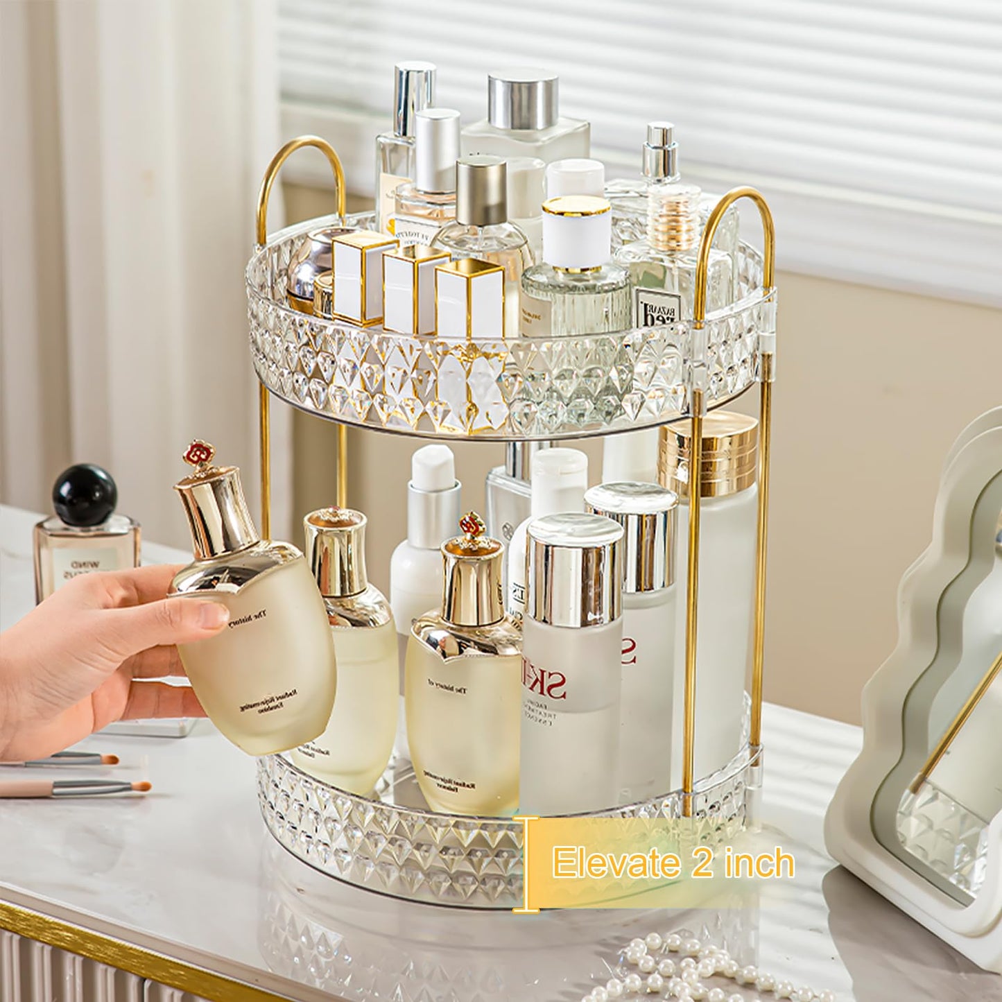 Rotating Makeup Organizer for Vanity, 2 Tier Perfume Skincare Storage for Women, Bathroom Counter Organizer, 360° Spinning Cosmetic Holder for Dresser Countertop, Clear