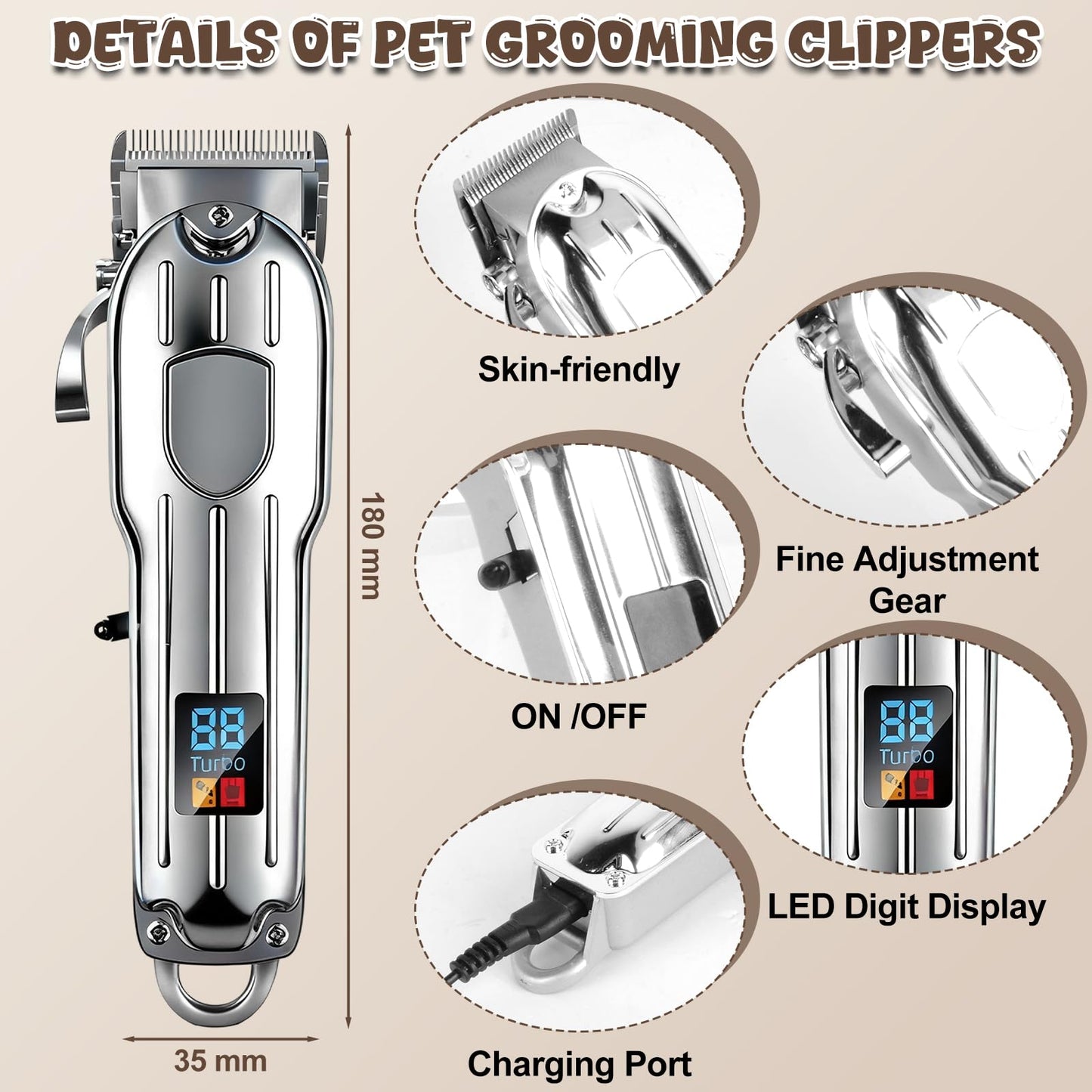 SKEFOLI Dog Grooming Kit with Dog Clippers Rechargeable Wireless Grooming Clippers, Pet Trimmer for Thick Fur, Stainless Steel Blades & Nail Trimmer