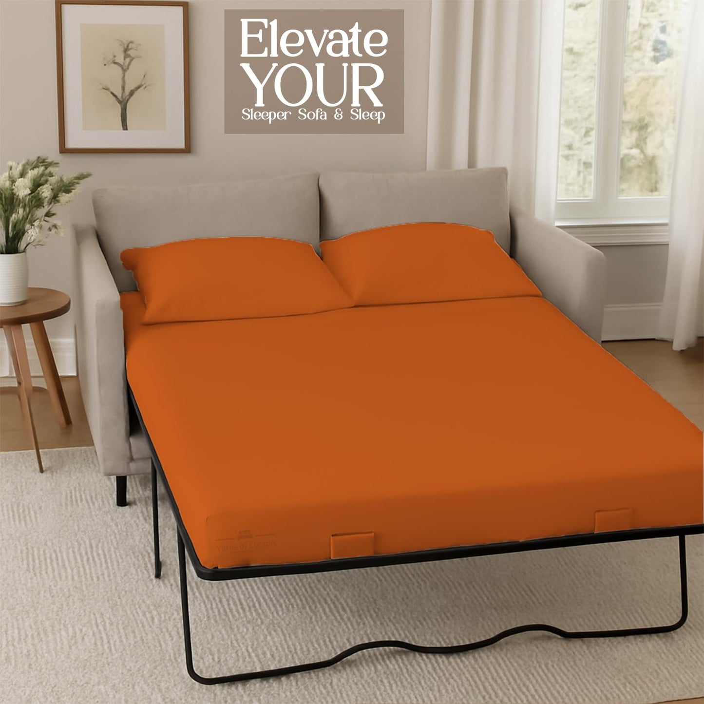 Sleeper Sofa Bed Sheet, 100% Cotton 400 Thread Count, 4 Piece Set, Deep Pocket Fitted Sheet, Soft Wrinkle Free & Breathable, Luxury Hotel Quality, Fits Up to 6 Inch Mattress (Full, Orange)