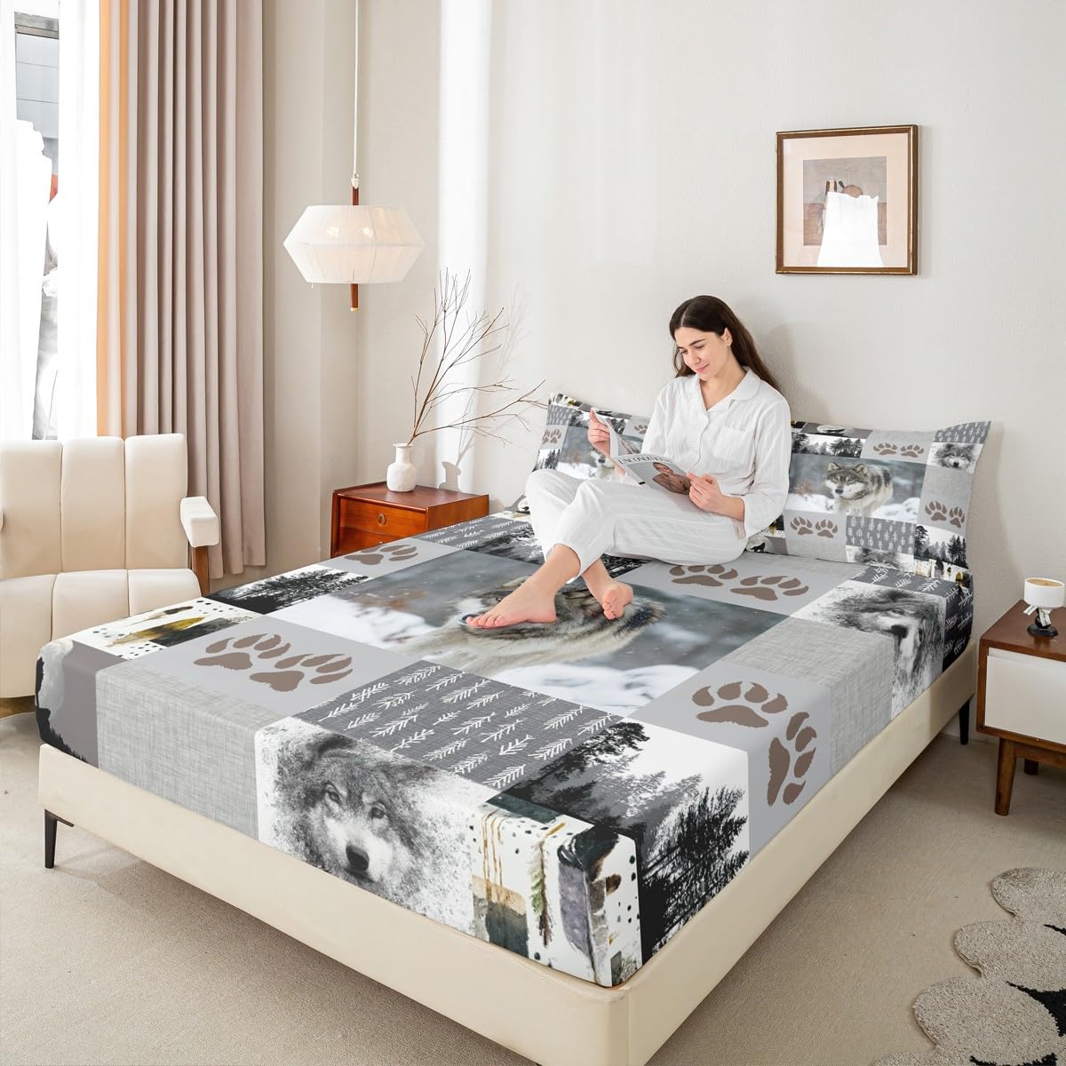 Manfei Wolf Kids Fitted Sheet Queen Size,Wolf Paws Print Pine Trees Wild Adventure Bedding Set,Boys Girls Adults Room Decor,Geometric Plaids Patchwork Bed Cover,Rustic Bed Sheet,2 Pillowcases