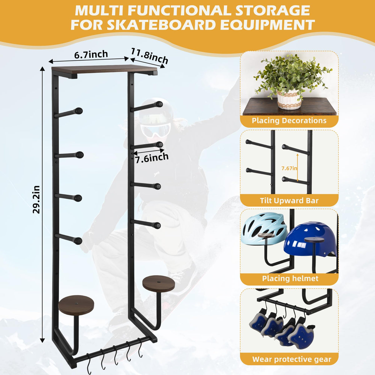 Skateboard Wall Mount Rack 4-Board Horizontal Storage — Wood Display Shelf, Holds 4 Longboards, Decks & Boards, 2 Round Wooden Helmet Stands & 5 Accessories Hooks, Garage Game Room Organizer (Black)