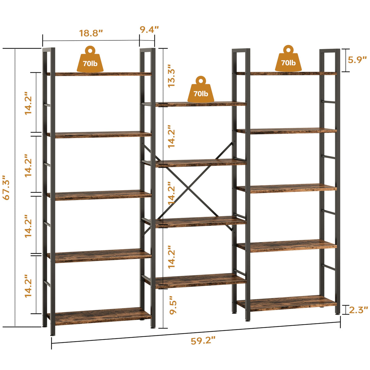 Shintenchi Triple Column 5 Tier Bookshelf, Industrial Large Bookcase Display Shelves, Large Etagere Bookshelf,Wide Book Shelf Book Case for Home & Office, Rustic Brown