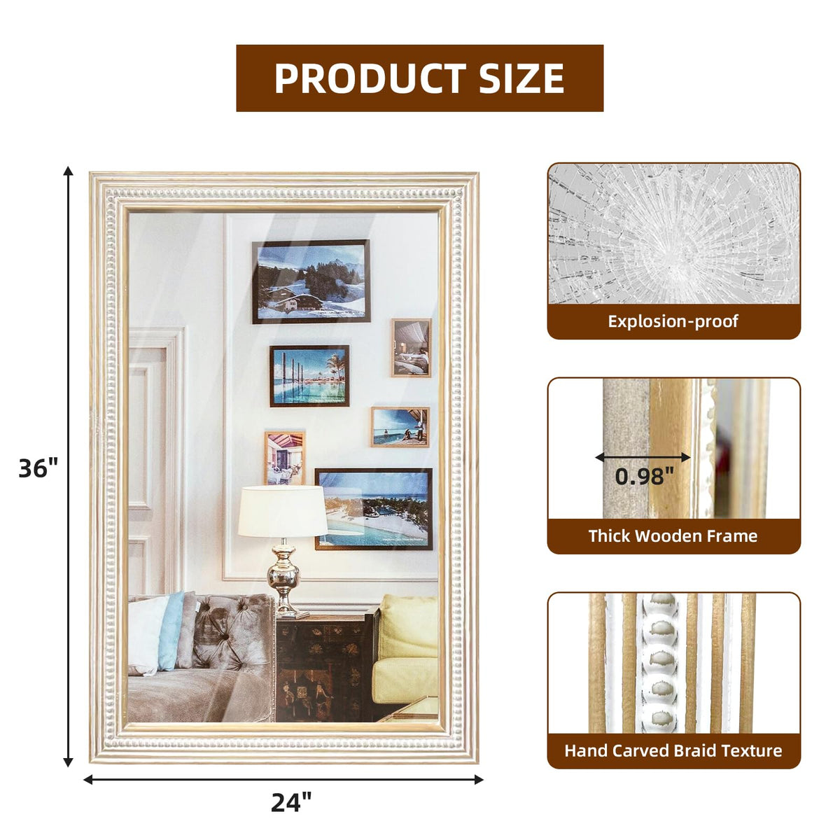 Reflinto 36x24 Inch Bathroom Decorative Wall Mirror, Rustic Farmhouse Wooden Frame Rectangular Mirrors for Over Sink, Living Room, Entryway, Foyer - Horizontal/Vertical Mount