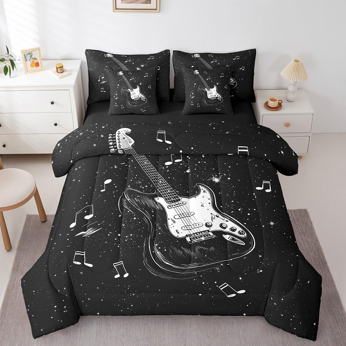 Feelyou Music 7 Pieces Bedding Set Queen Size Guitar Comforter Set with Sheets for Kids Boys Girls Guitar Instruments Bed in a Bag Rock Music Bed Set