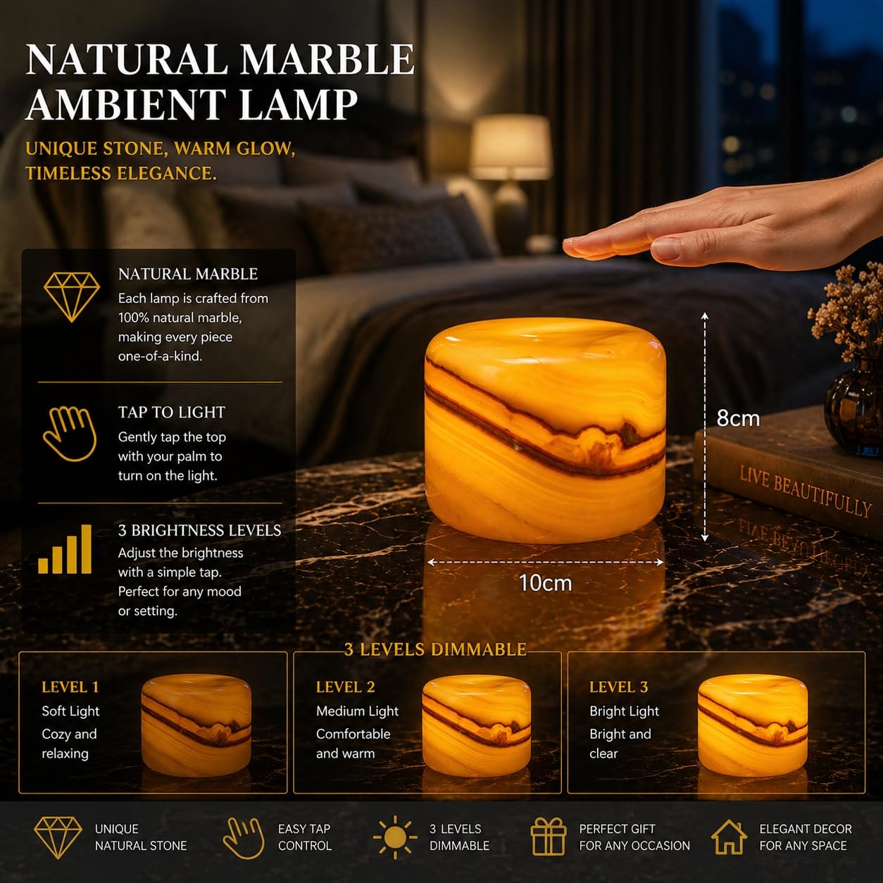 Marble Lamp Night Light Touch Bedside Table Lamp for Bedroom,Type-C Rechargeable Small Desk Bedside Small Lamps,Eye Caring Dimmable LED Ambient lamp (Amber Jade)