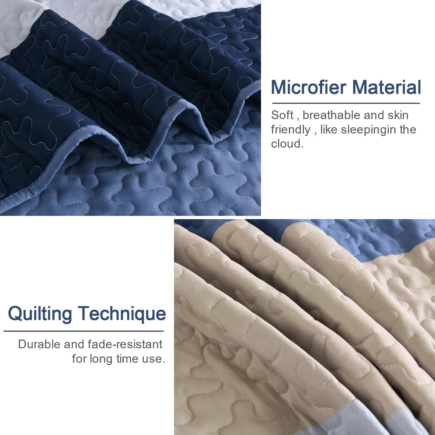 Dinjoy Blue Boho Quilt Set Queen Size, Fall Striped Bedspread Lightweight Farmhouse Bedding Sets 3 Pieces Micofiber Patchwork Coverlet with 2 Pillowcases for Men Bed