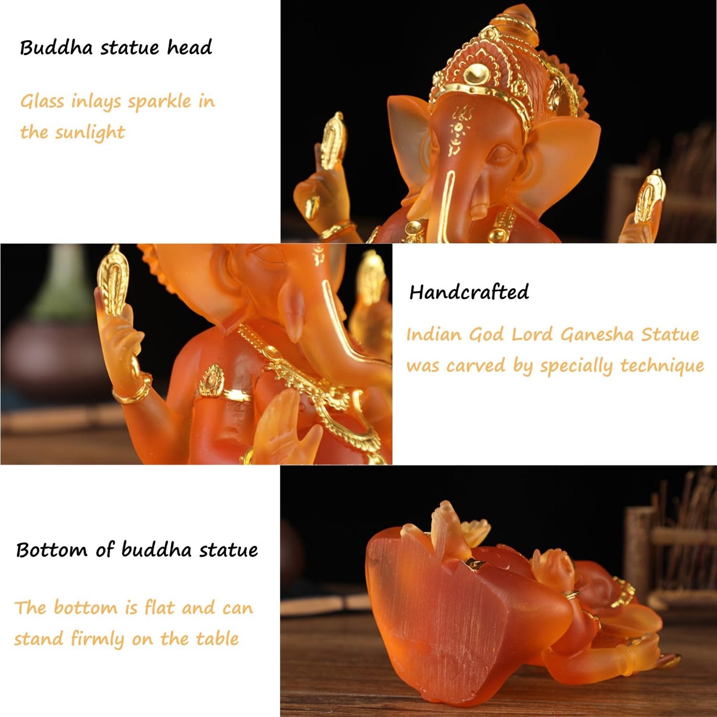 Yahu Lando Indian God Lord Ganesha Statue,Orange Lmitation Glass Hindu Elephant Statue Ganpati Idol Buddha Sculptures,Hindu Gift,Home Temple Mandir Meditation Yoga Room Decor 5.5"